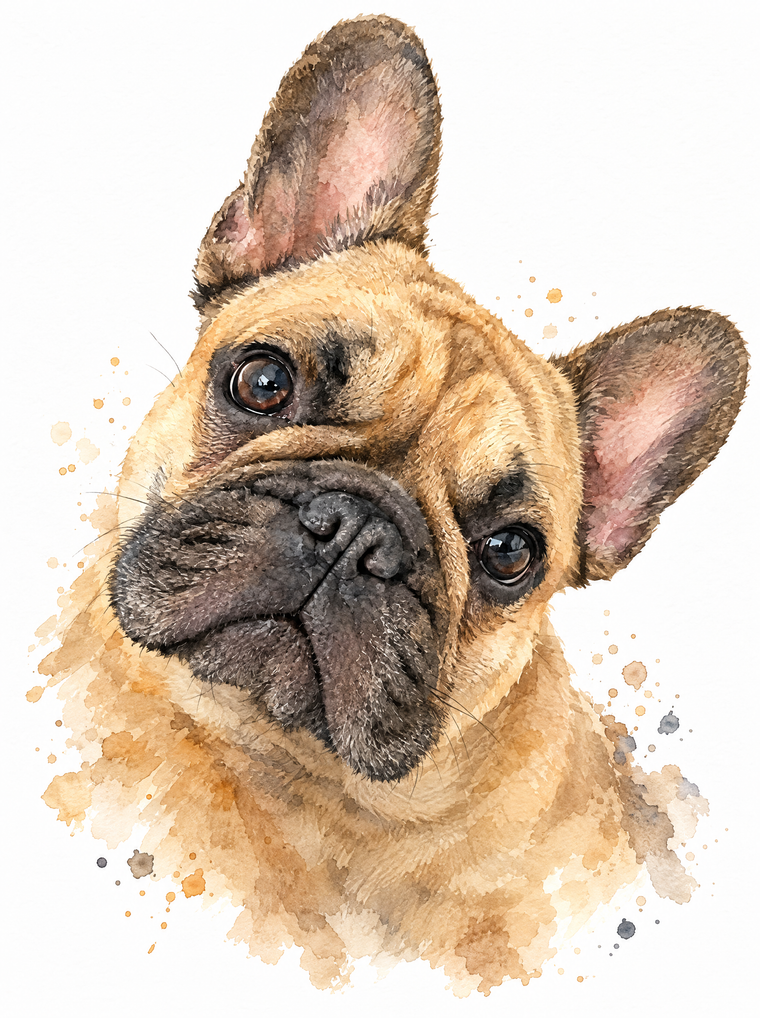Retrato en acuarela de un bulldog francés
